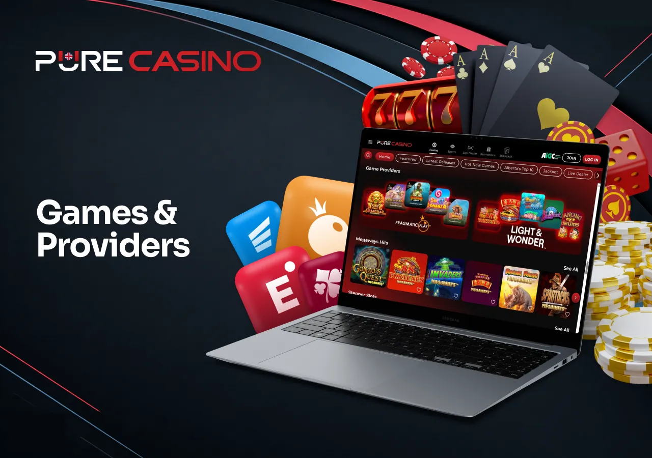 Popular casino games and software providers are presented across a diverse gaming library.