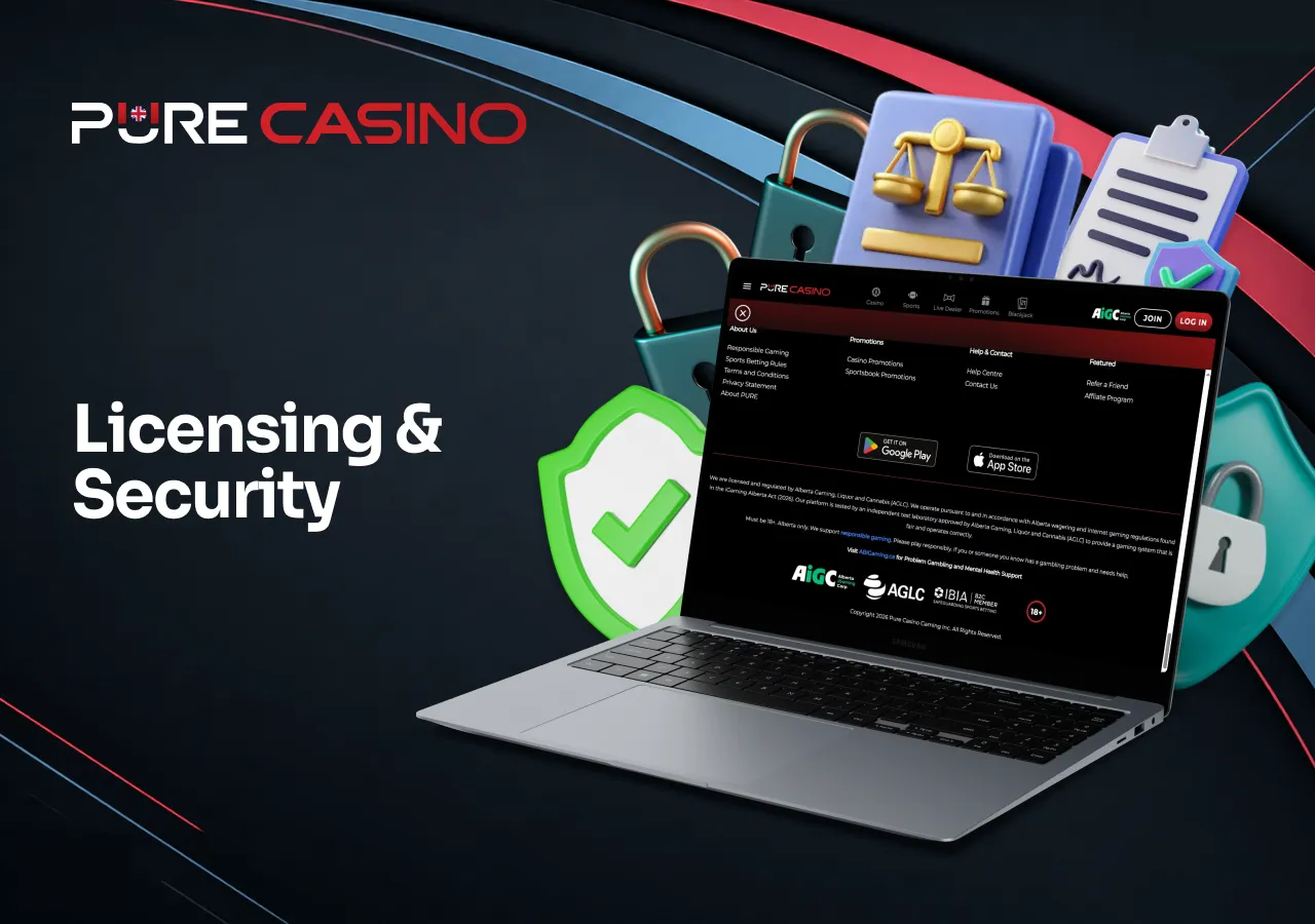 Security information covers licensing, player protection and responsible gambling measures.